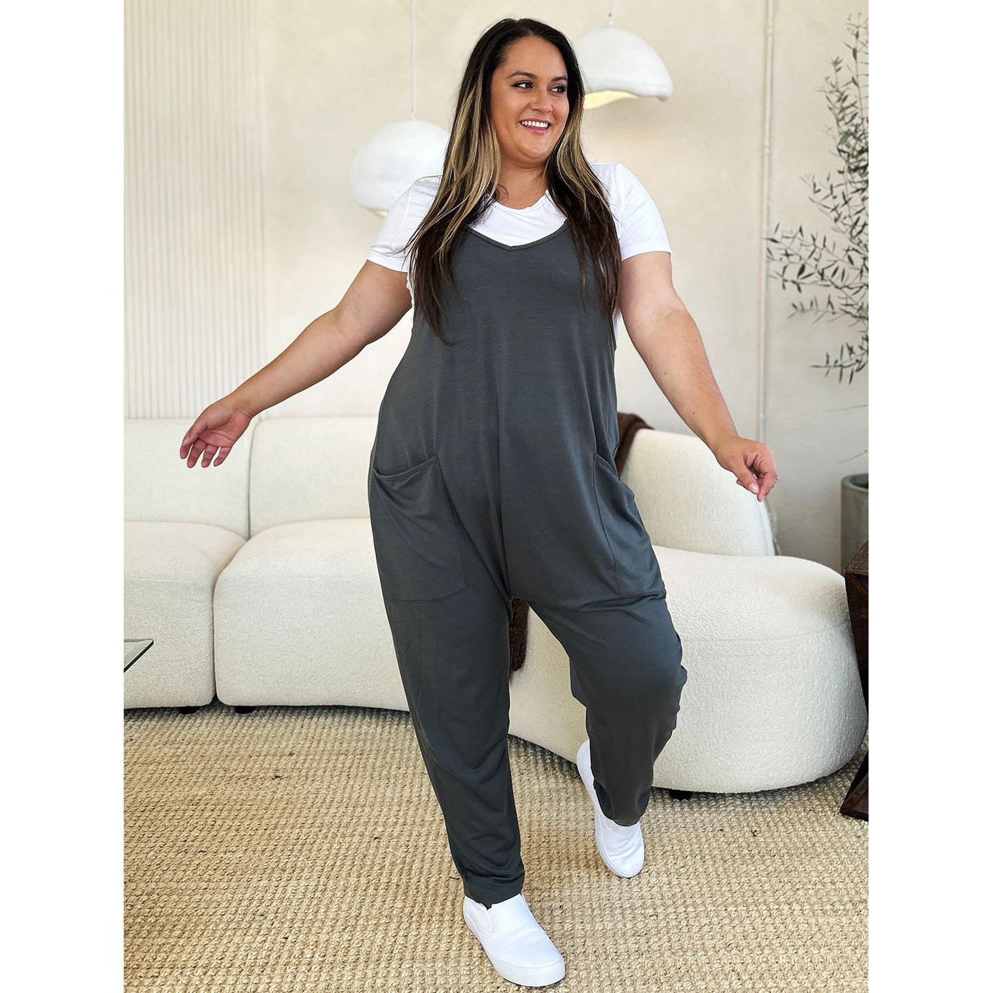 Double Take Full Size Sleeveless V-Neck Pocketed Jumpsuit