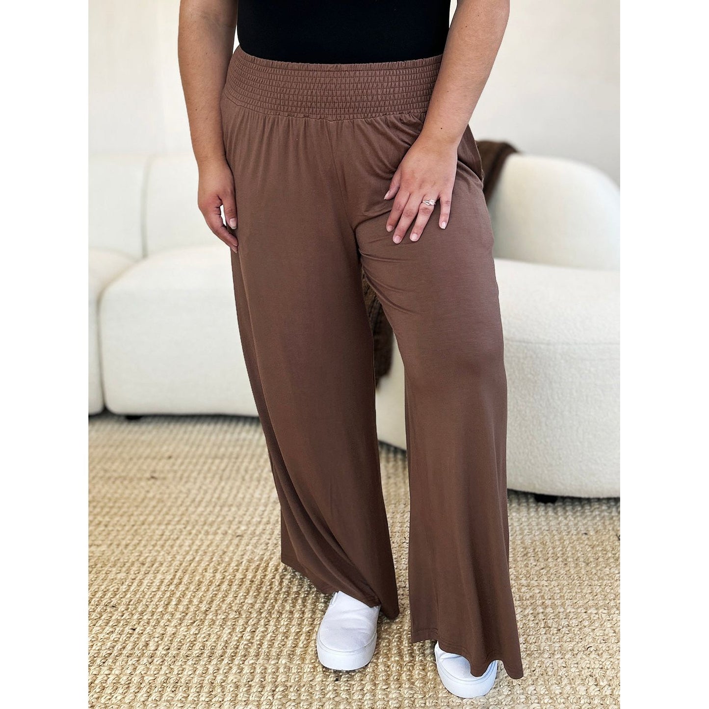 Double Take Full Size Smocked Wide Waistband Wide Leg Pants