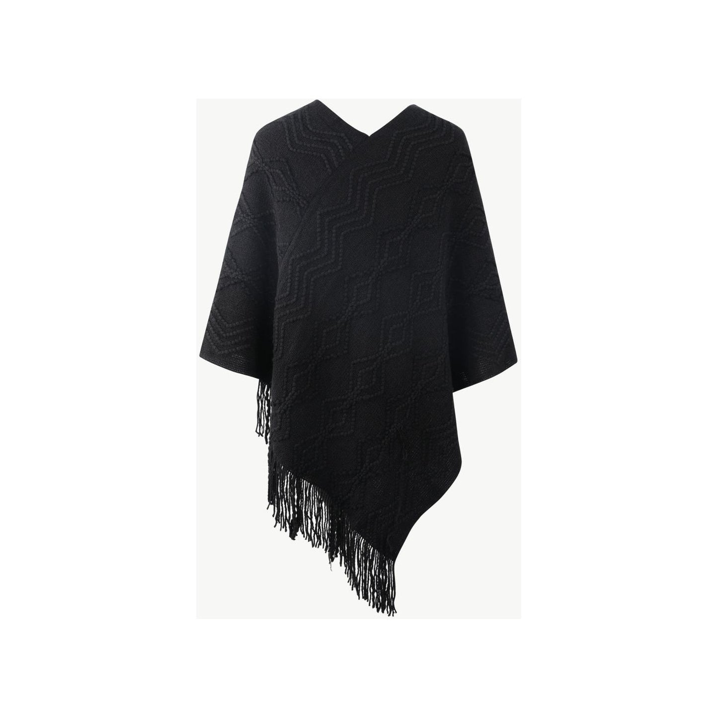 Pearl Trim V-Neck Fringe Hem Poncho