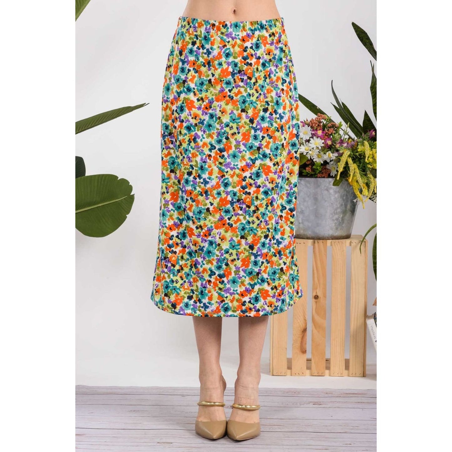 Celeste Full Size Floral A-Line Midi Skirt