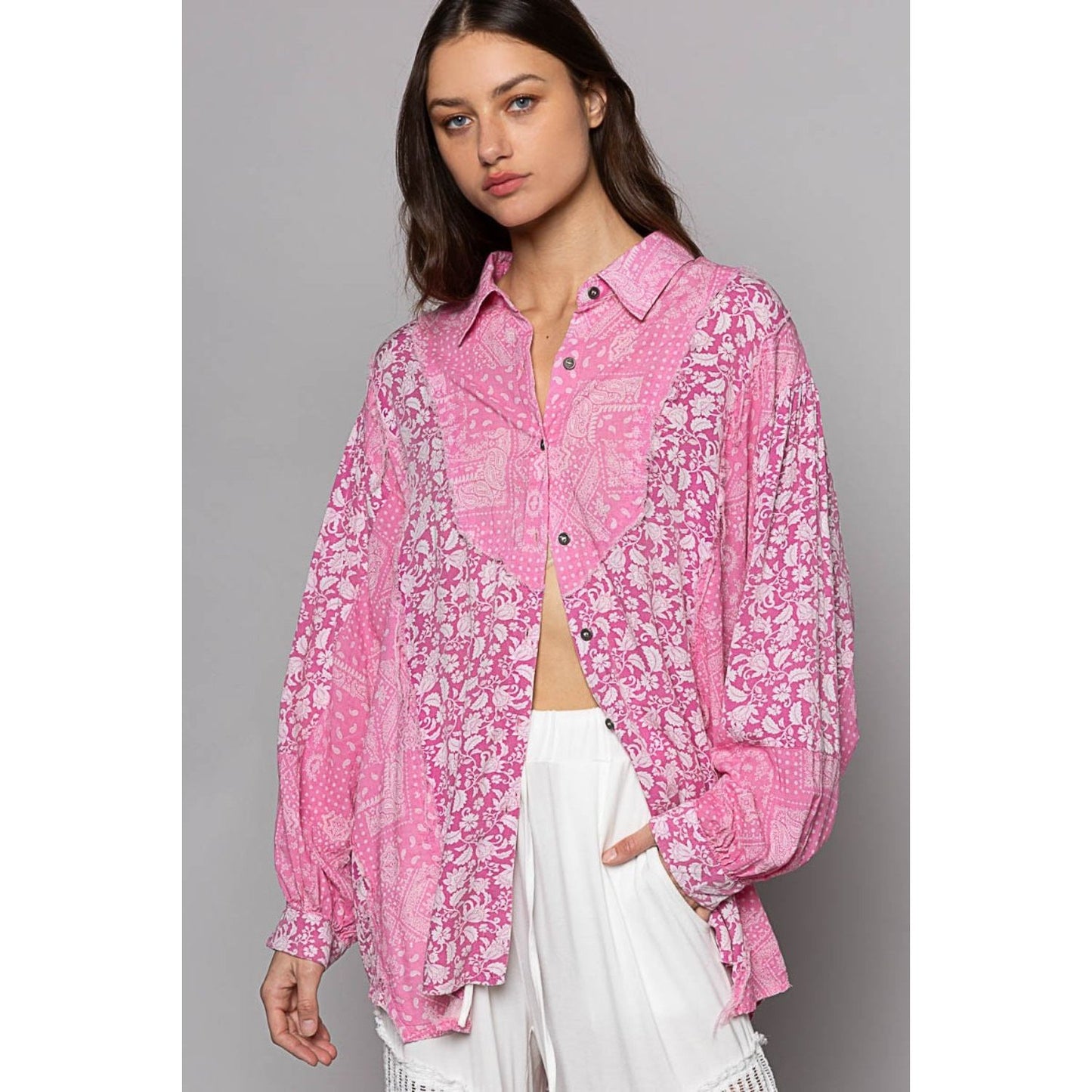 POL Button Down Long Sleeve Paisley Print Shirt