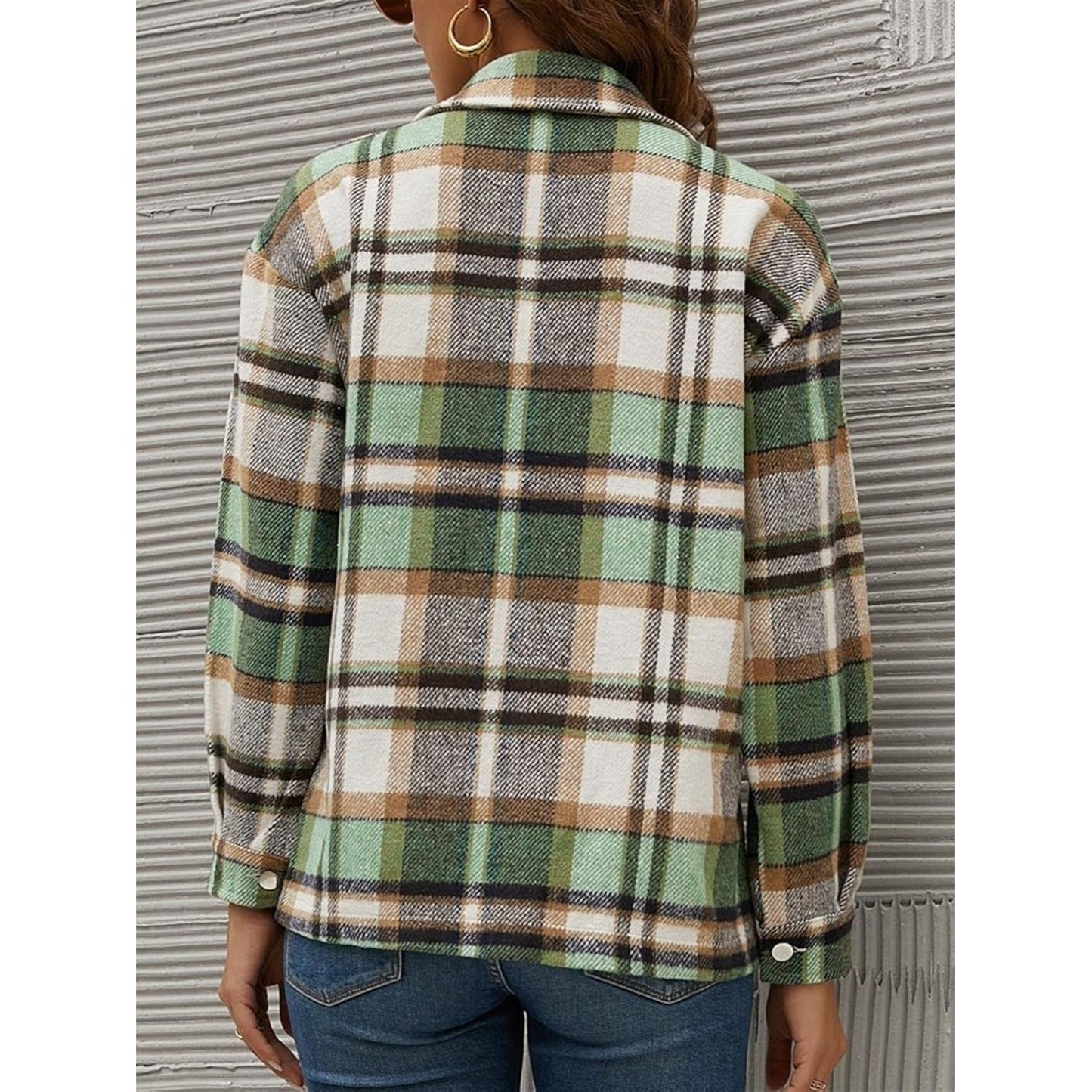 Plaid Collared Neck Long Sleeve Jacket