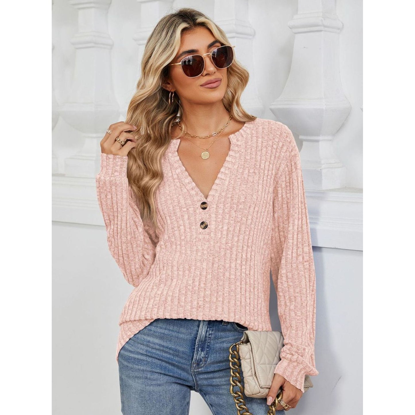 Ribbed Notched Long Sleeve T-Shirt