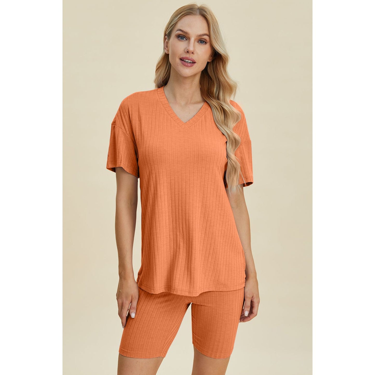 Basic Bae Full Size Ribbed V-Neck Short Sleeve Top and Shorts Set