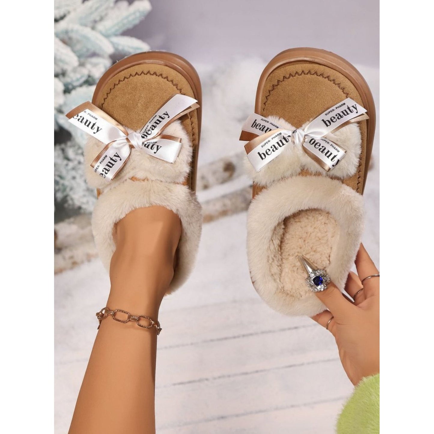 Bow Suede Platform Plush Slippers