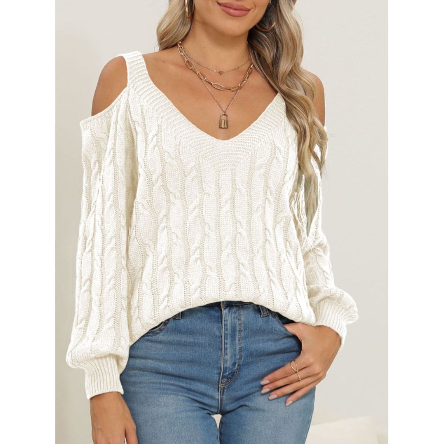 Cable-Knit V-Neck Long Sleeve Sweater