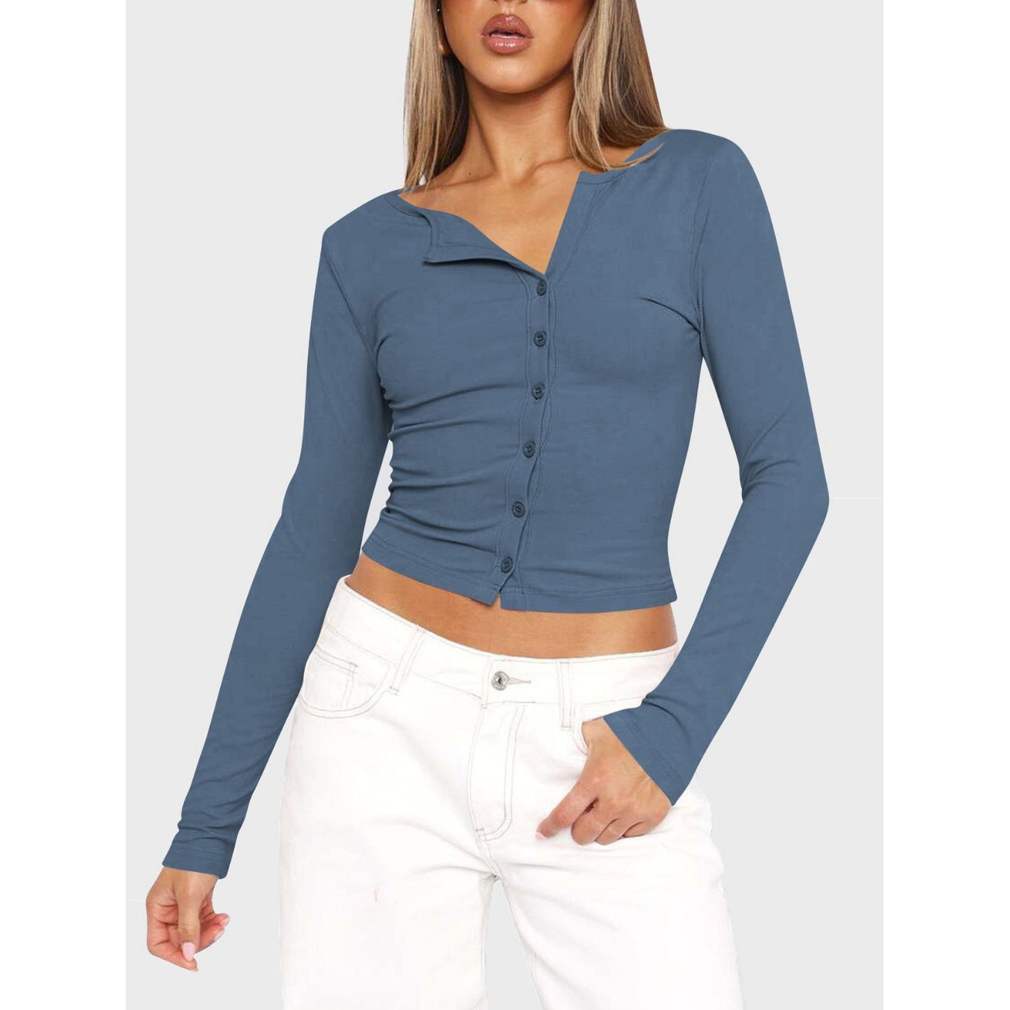 Lovelet Button Up Round Neck Long Sleeve T-Shirt