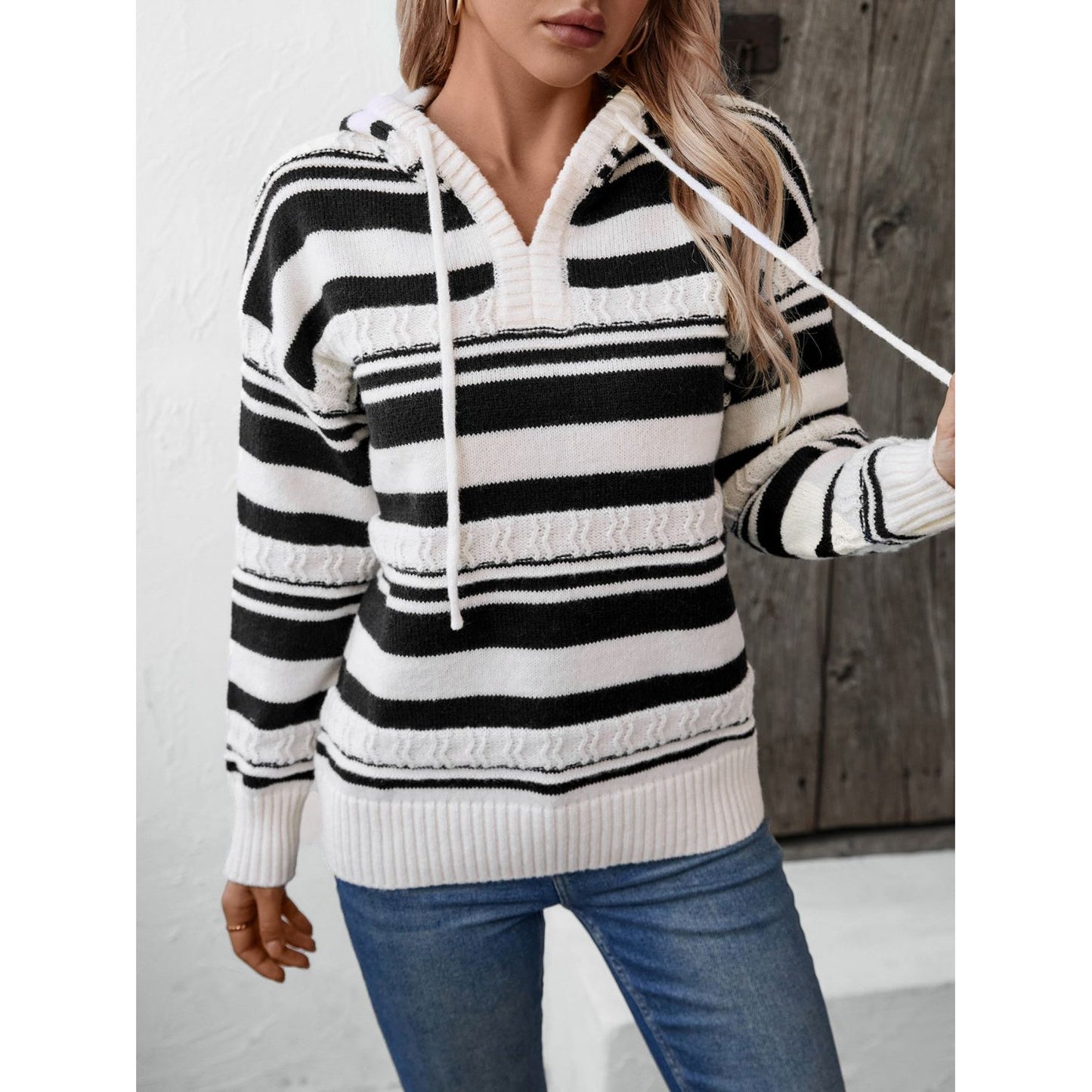 Drawstring Striped Long Sleeve Hooded Sweater