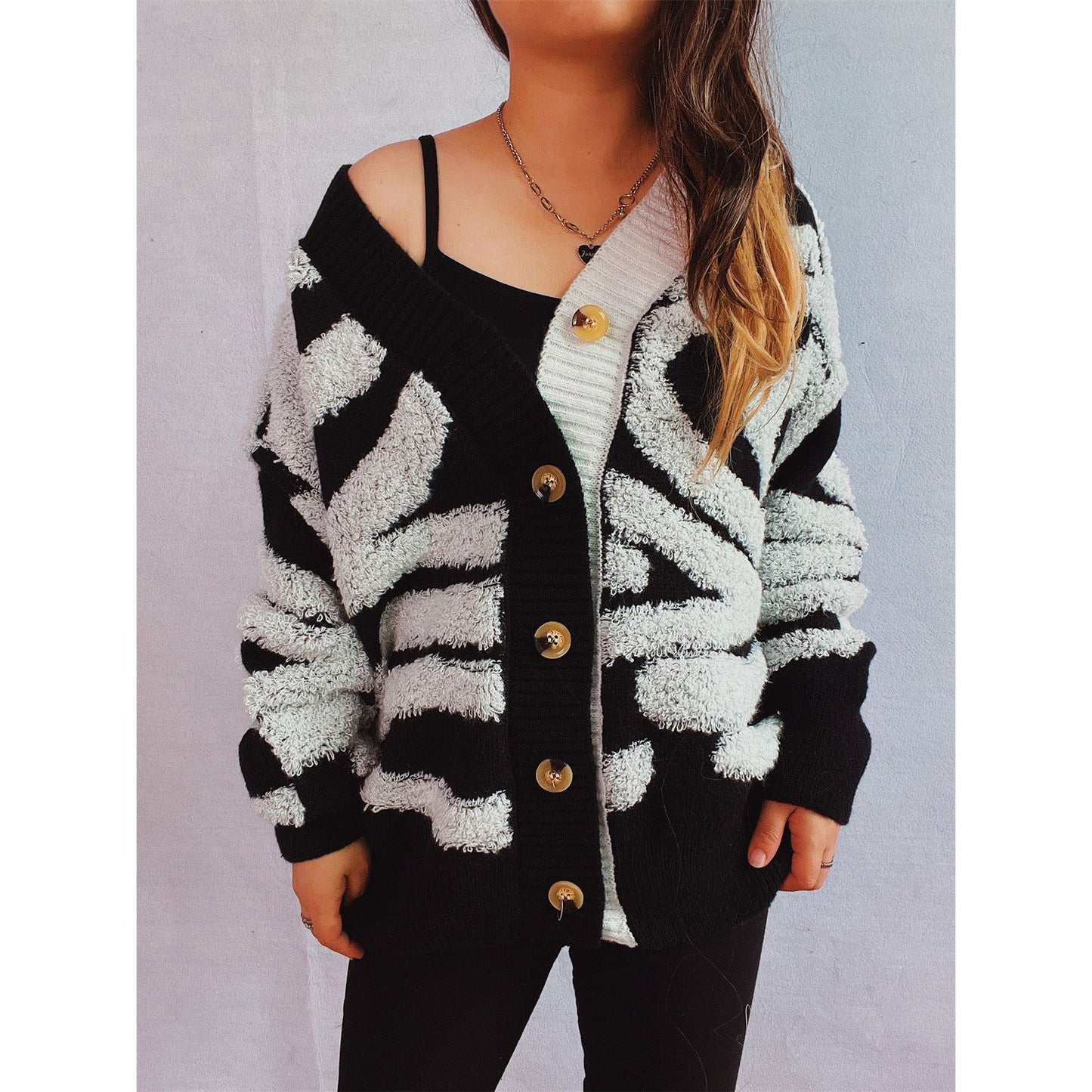 Contrast Button Up Long Sleeve Cardigan