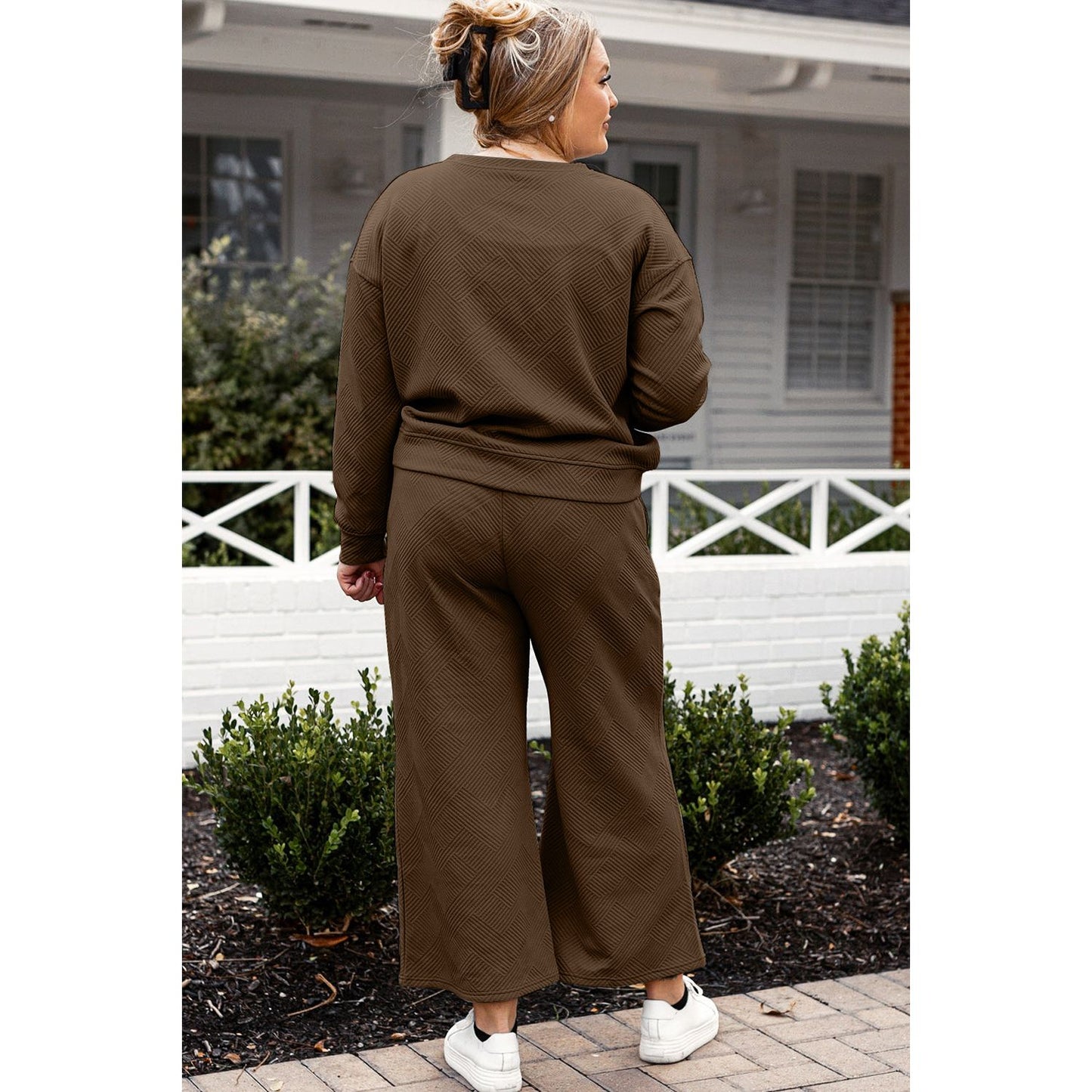 Double Take Full Size Textured Long Sleeve Top and Drawstring Pants Set