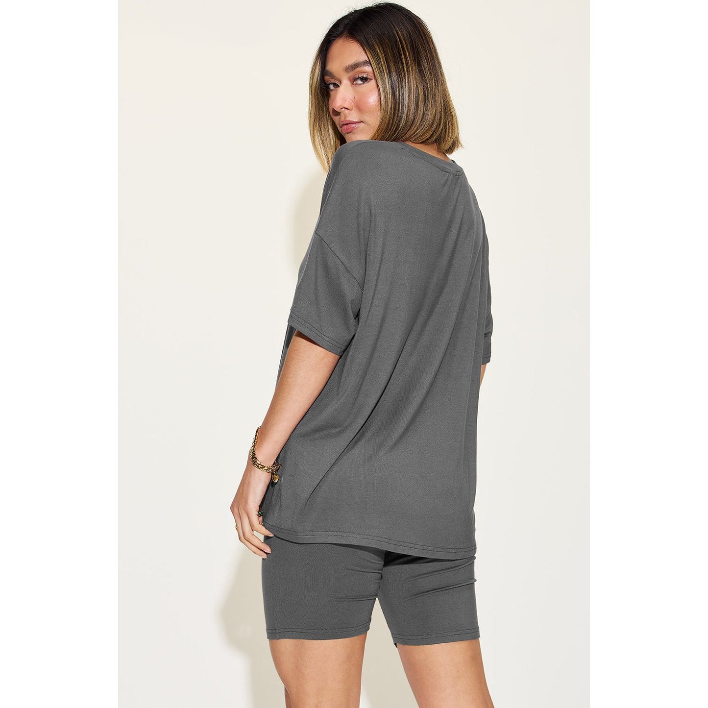 Basic Bae Full Size V-Neck Drop Shoulder T-Shirt and Shorts Set