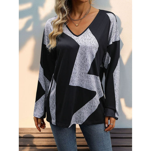 Perfee Color Block V-Neck Long Sleeve T-Shirt