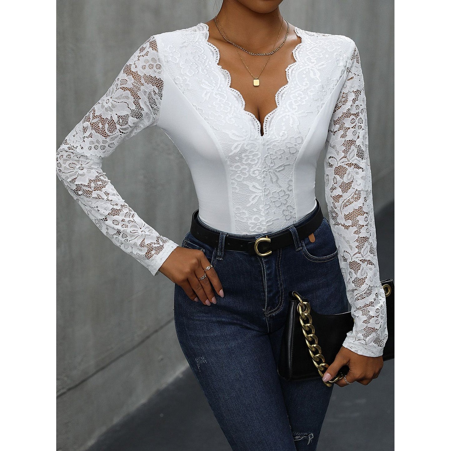 Perfee V-Neck Long Sleeve Lace Bodysuit