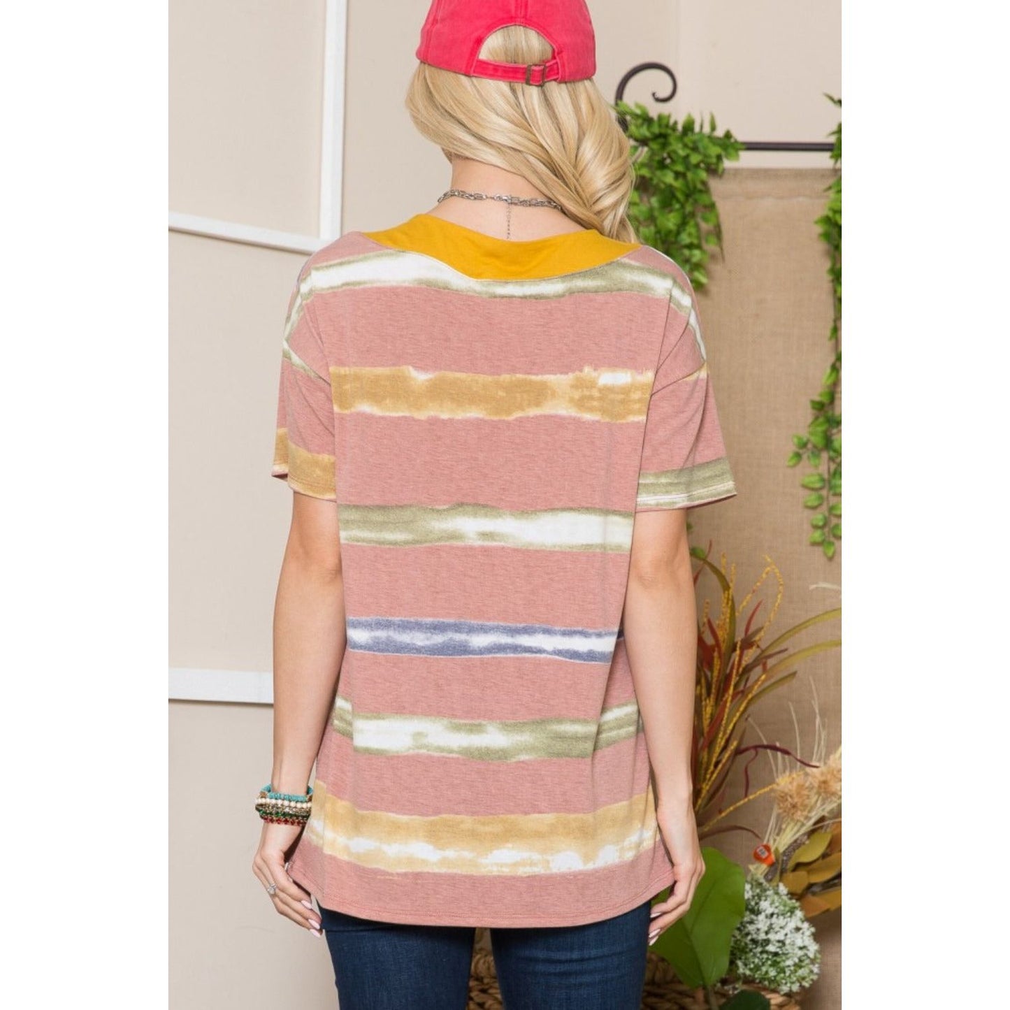 Celeste Full Size Striped Short Sleeve V-Neck T-Shirt