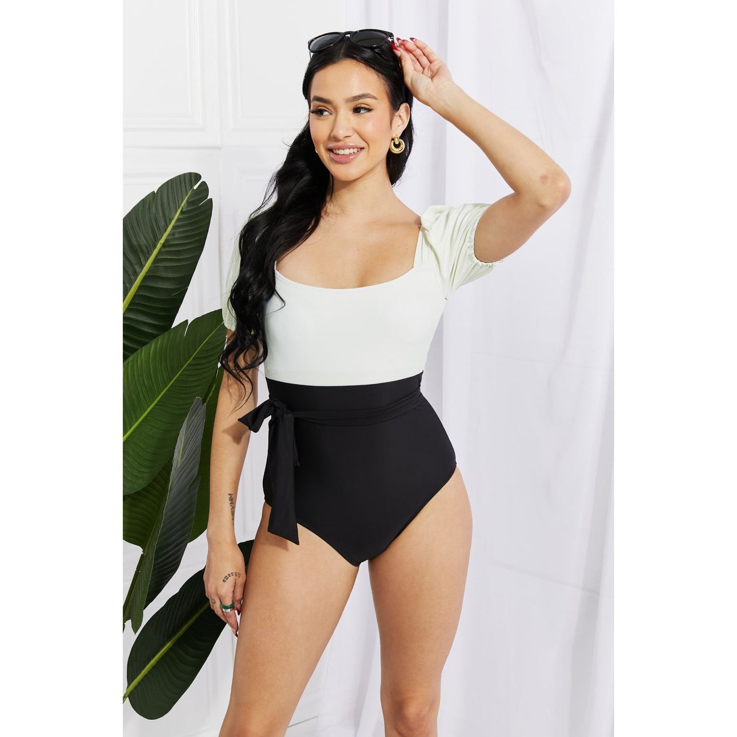 Marina West Swim Salty Air Puff Sleeve One-Piece in Cream/Black