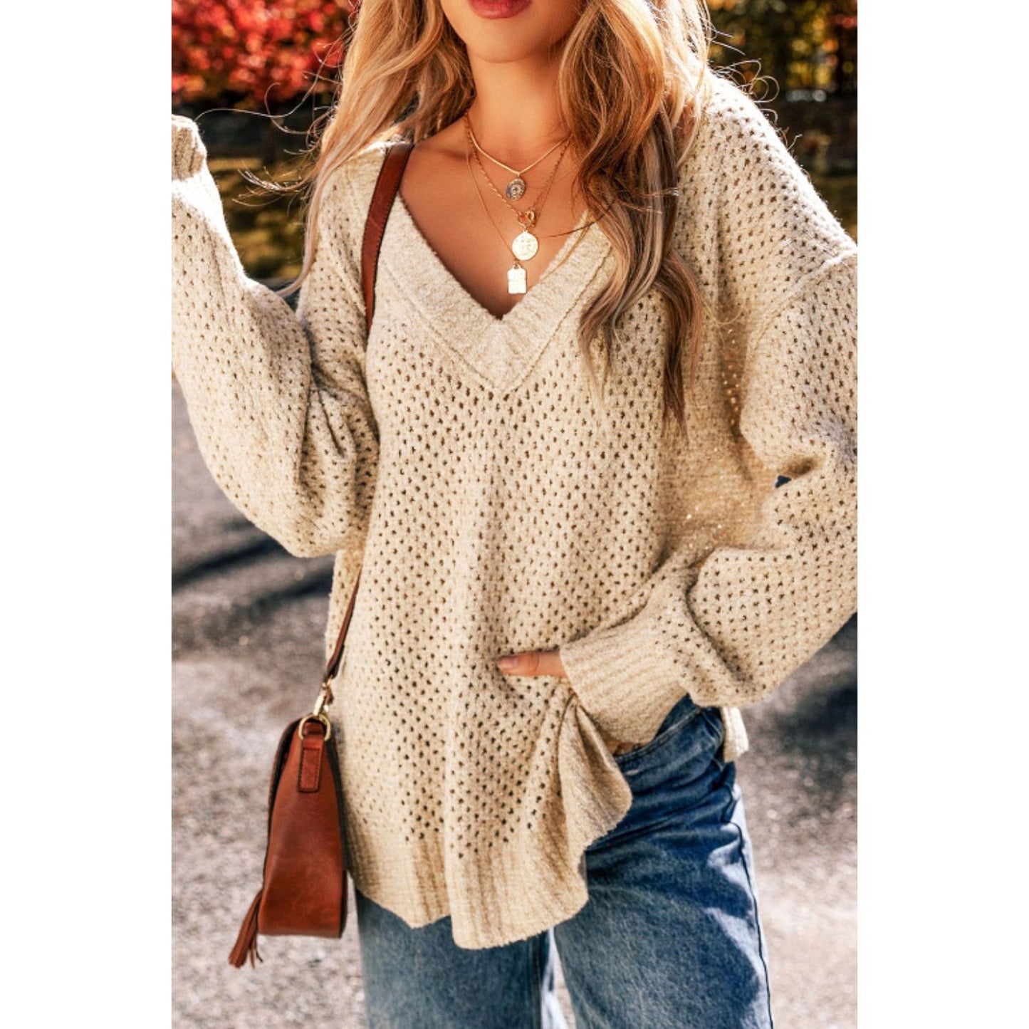 V-Neck Dropped Shoulder Long Sleeve Sweater