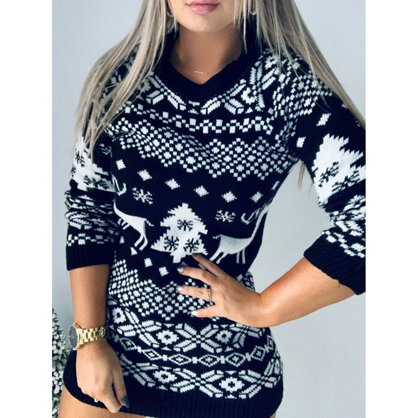 Christmas Element Round Neck Mini Sweater Dress