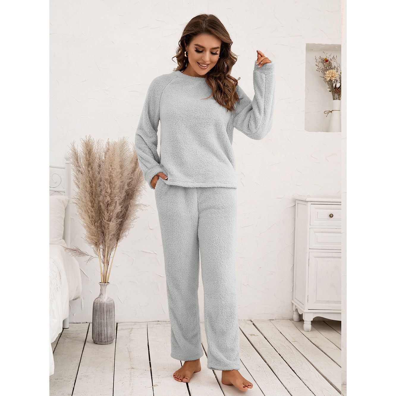 Ivy Lane Teddy Long Sleeve Top and Pants Lounge Set