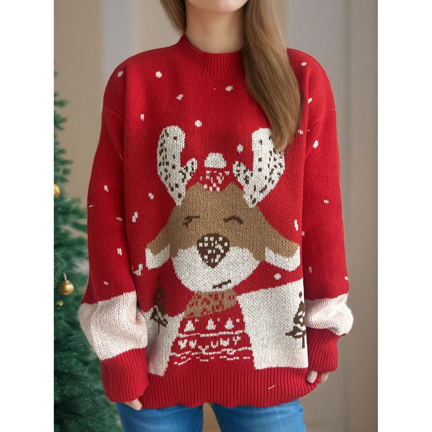 Reindeer Mock Neck Long Sleeve Sweater