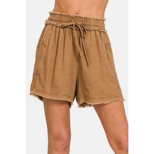 Zenana Washed Linen Frayed Hem Drawstring Shorts