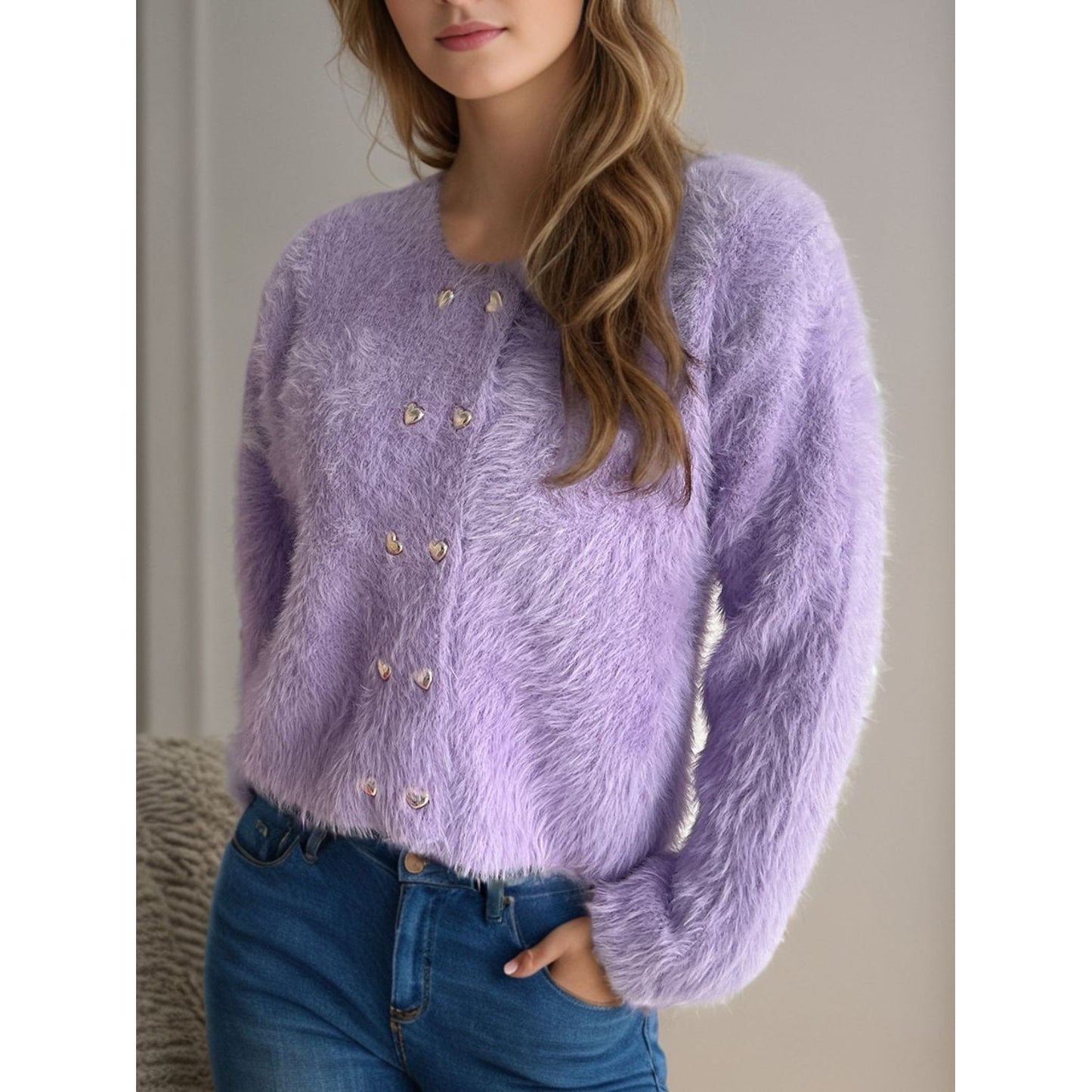 Heart Button Round Neck Cardigan