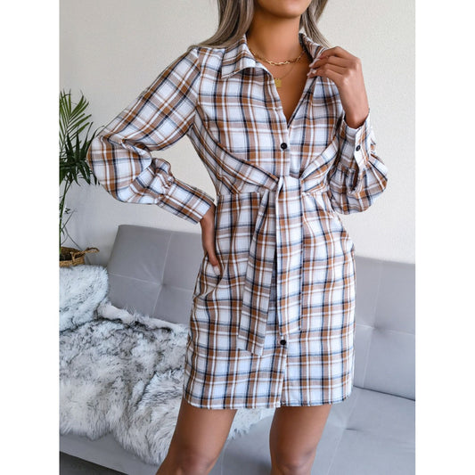 Tied Plaid Long Sleeve Mini Shirt Dress