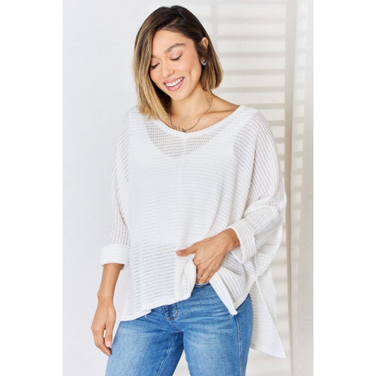 Zenana Full Size Waffle Knit V-Neck Long Sleeve Slit Top