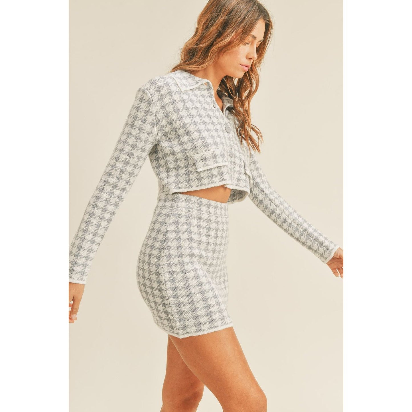 MABLE Houndstooth Cropped Knit Cardigan and Mini Skirt Set