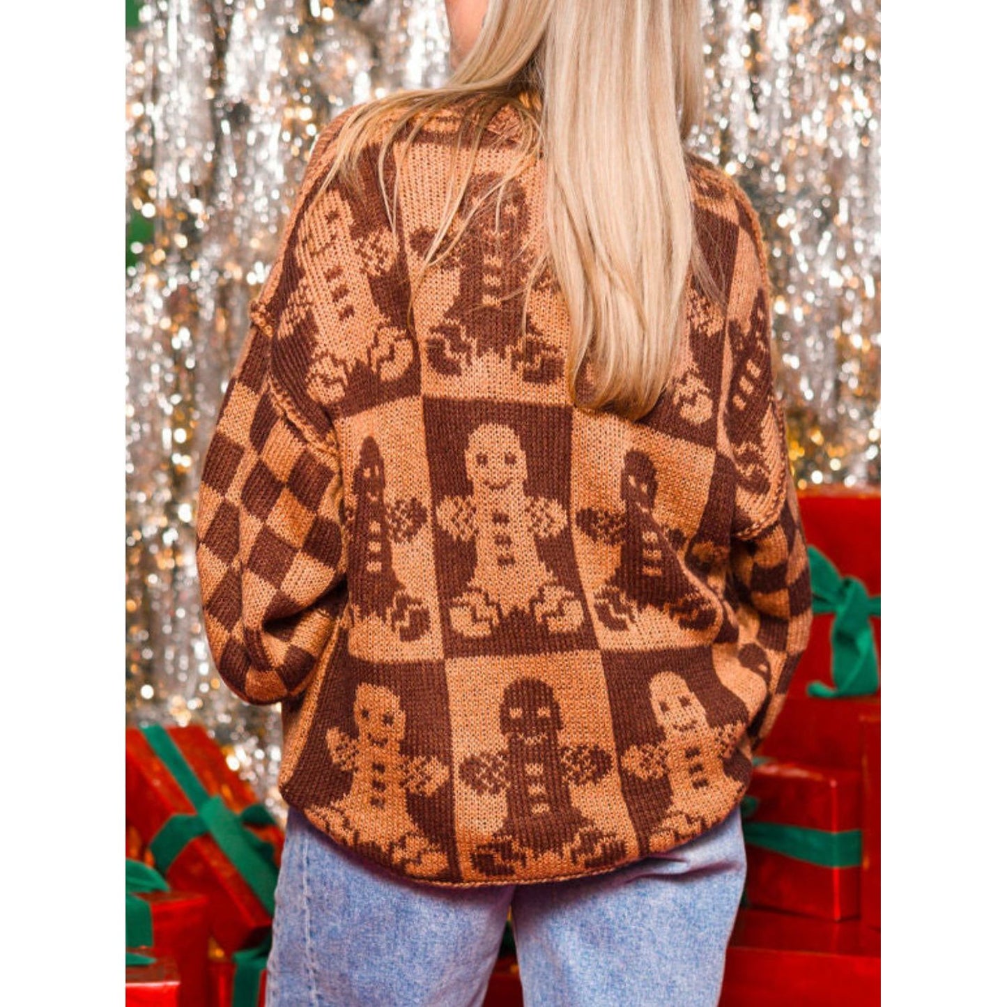 Gingerbread Man Round Neck Drop Shoulder Sweater