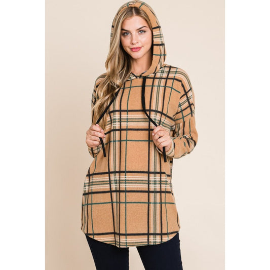 BOMBOM Drawstring Plaid Long Sleeve Hoodie