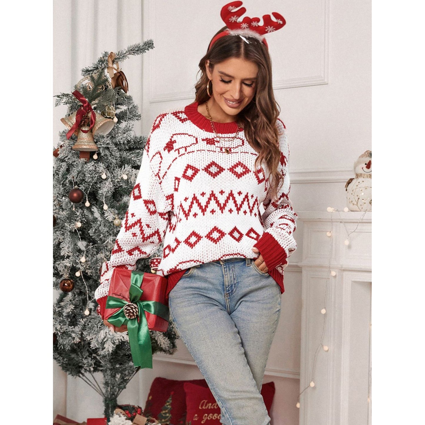 Perfee Contrast Geometric Round Neck Long Sleeve Sweater