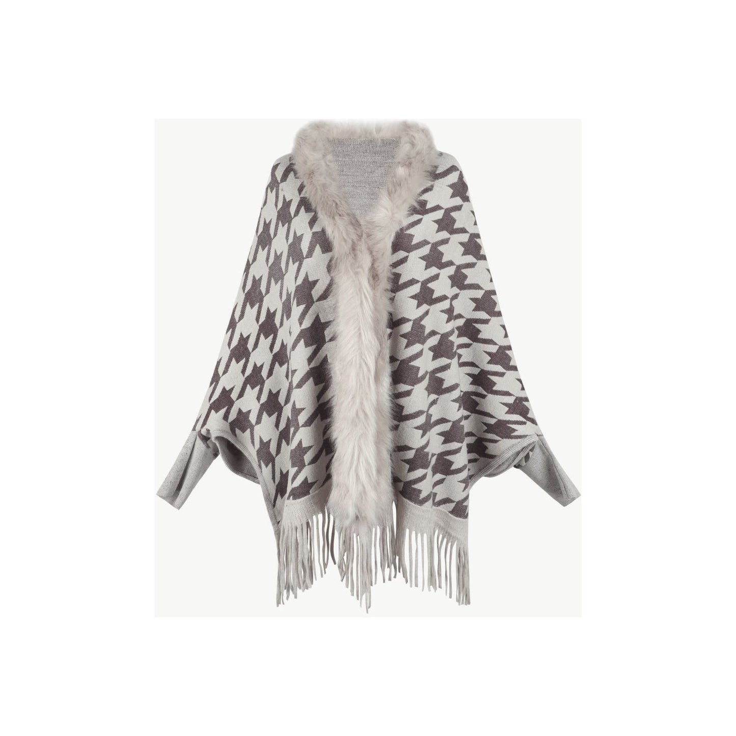 Houndstooth Fringe Hem Poncho