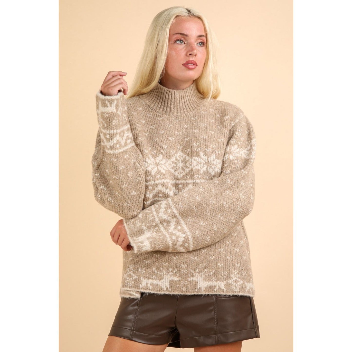 VERY J Christmas Element Mock Neck Long Sleeve Sweater