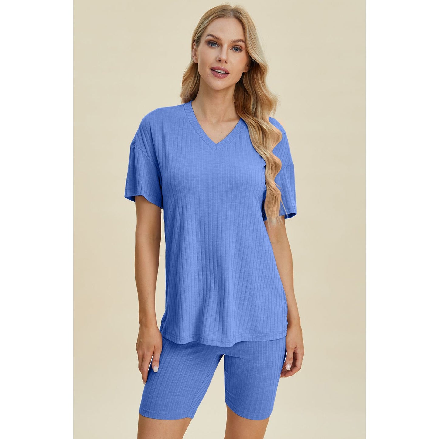 Basic Bae Full Size Ribbed V-Neck Short Sleeve Top and Shorts Set