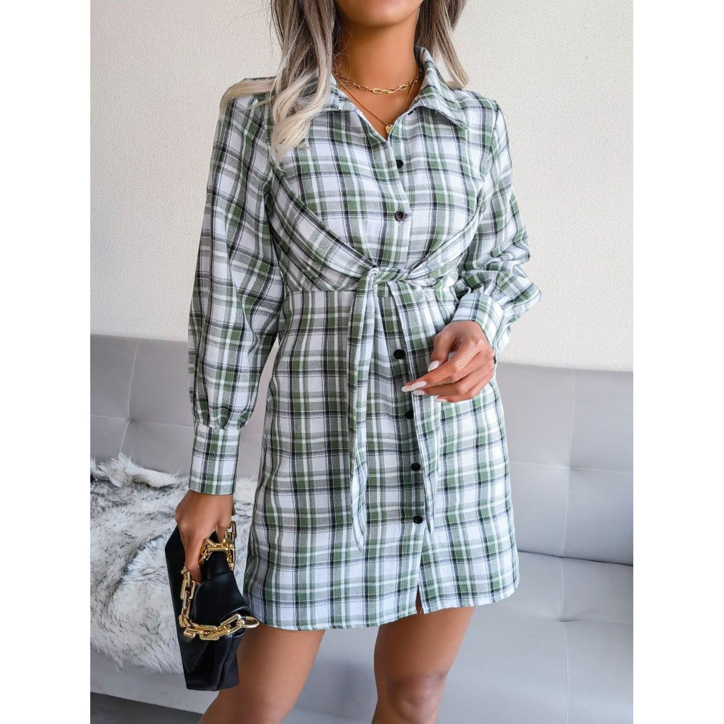 Tied Plaid Long Sleeve Mini Shirt Dress