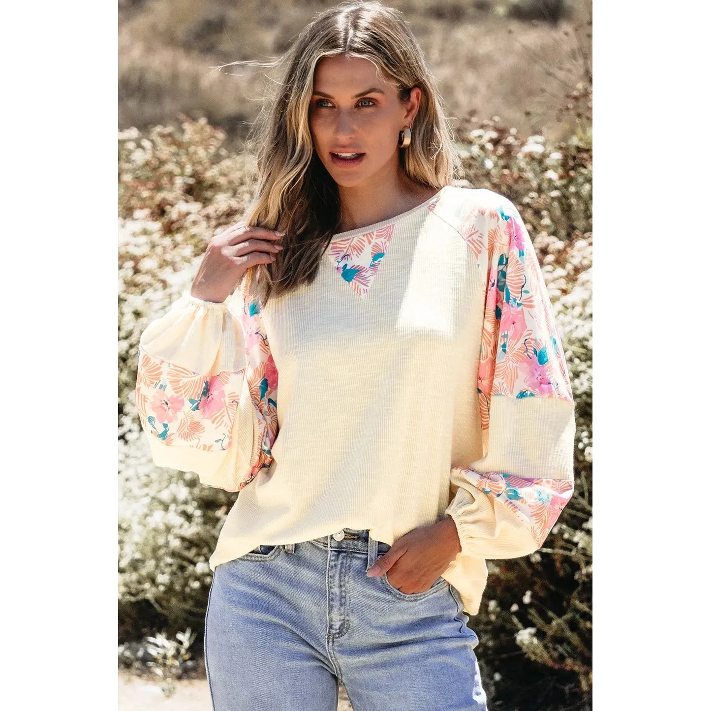 Printed Round Neck Balloon Sleeve Blouse