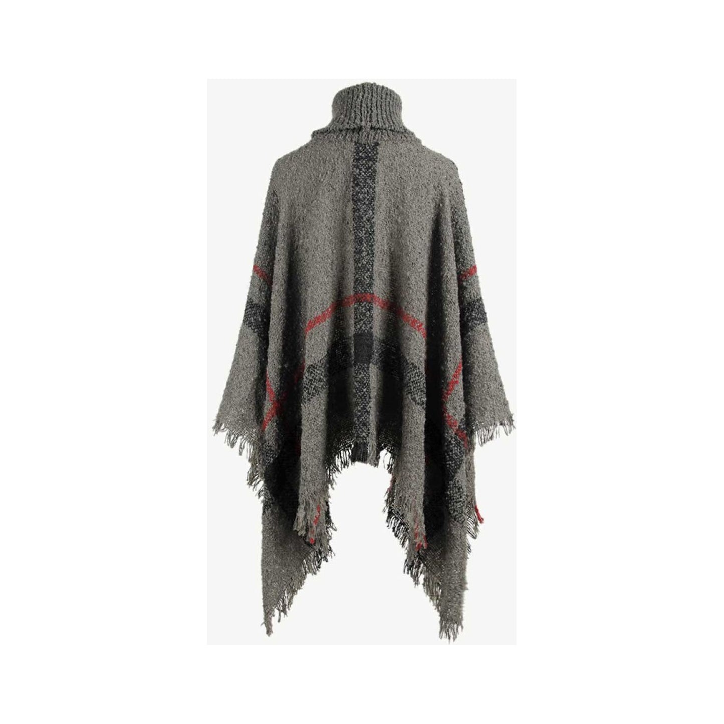 Plaid Turtleneck Raw Hem Poncho