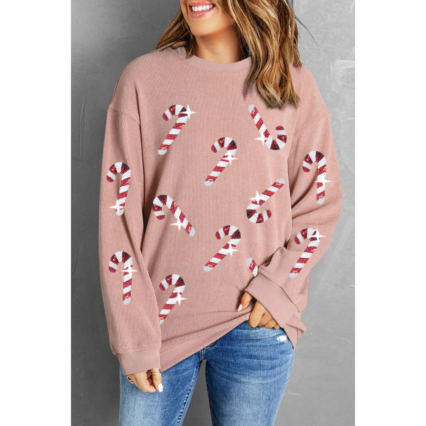 Sequin Candy Cane Round Neck Sweatshirt