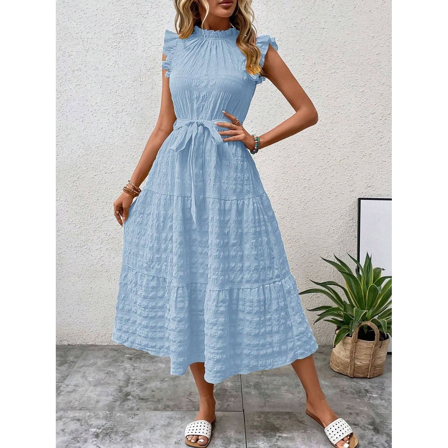 Tied Ruffled Cap Sleeve Midi Dress