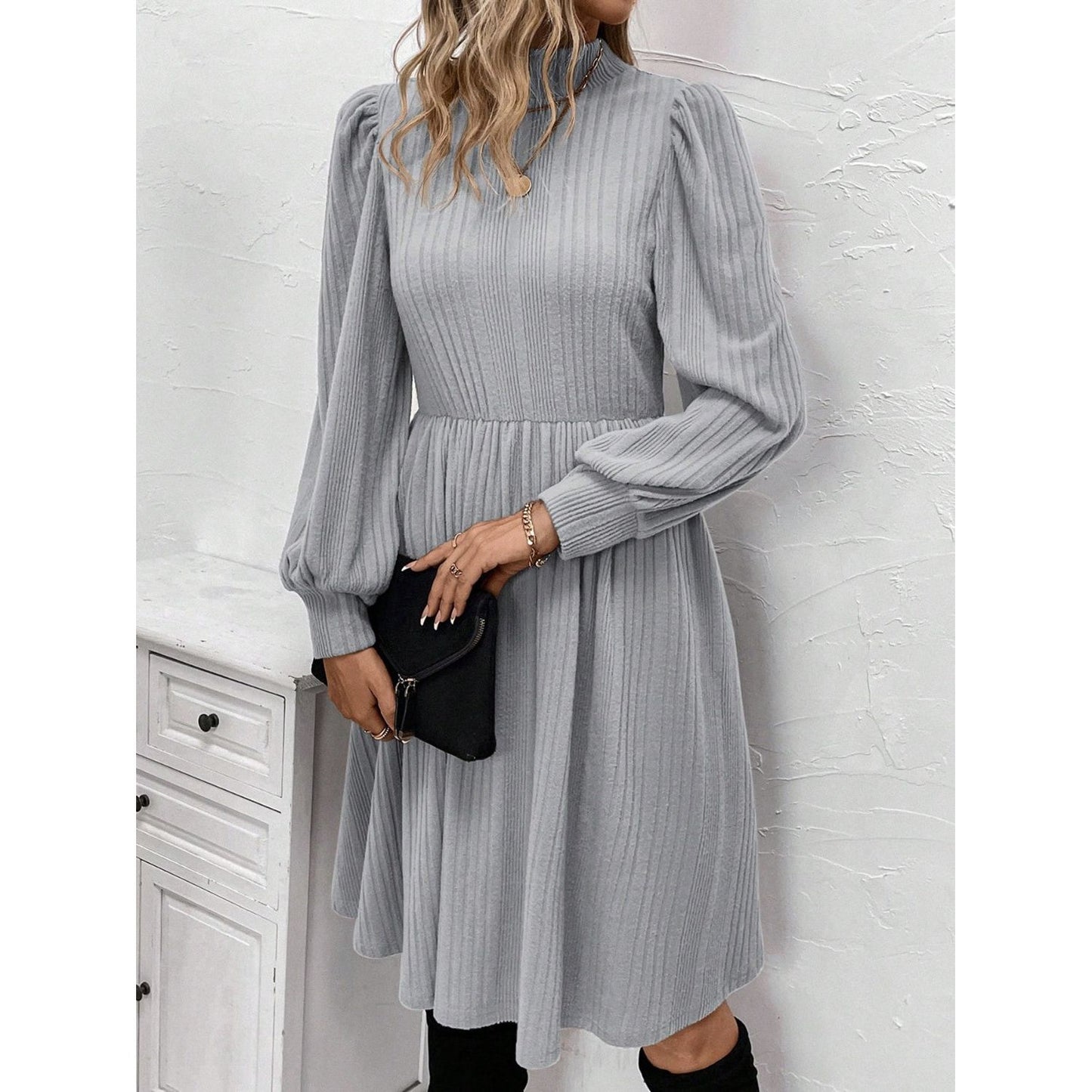 Textured Turtleneck Long Sleeve Dress