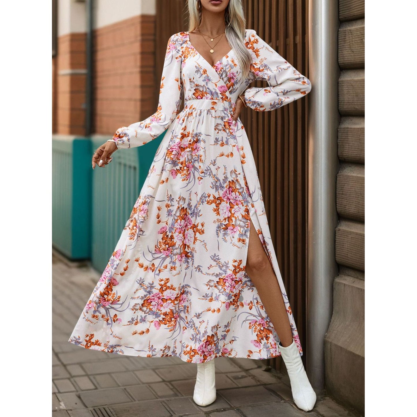 Slit Printed Surplice Long Sleeve Maxi Dress