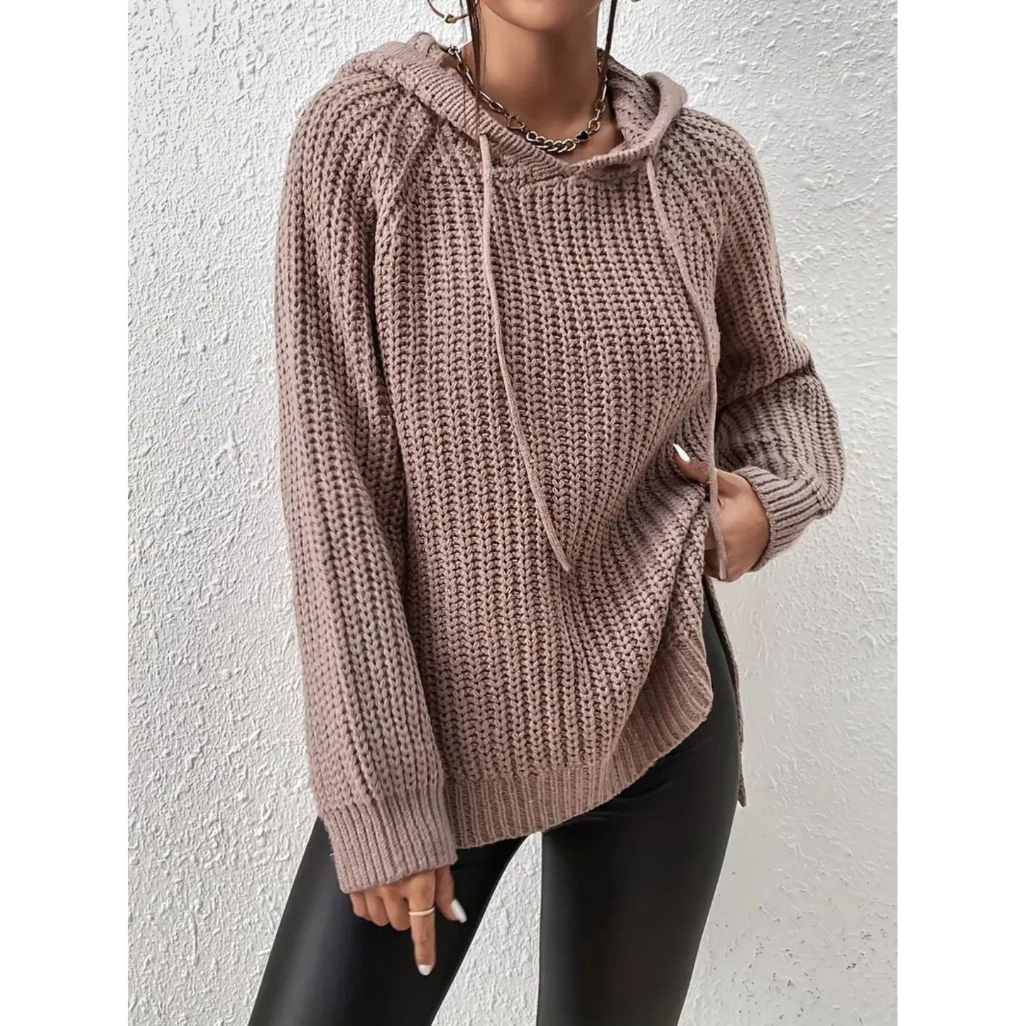 High-Low Side Slit Drawstring Long Sleeve Hooded Sweater