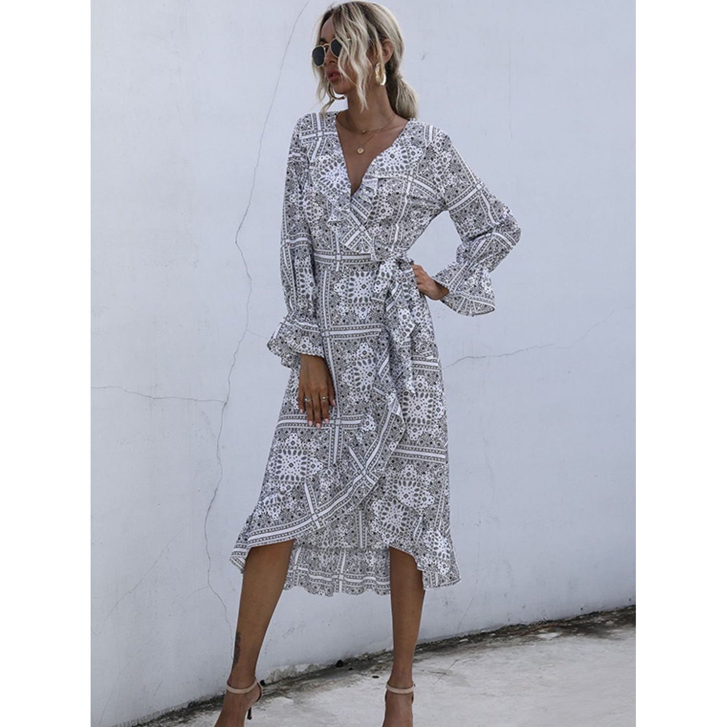 Perfee Ruffled Slit Surplice Long Sleeve Dress