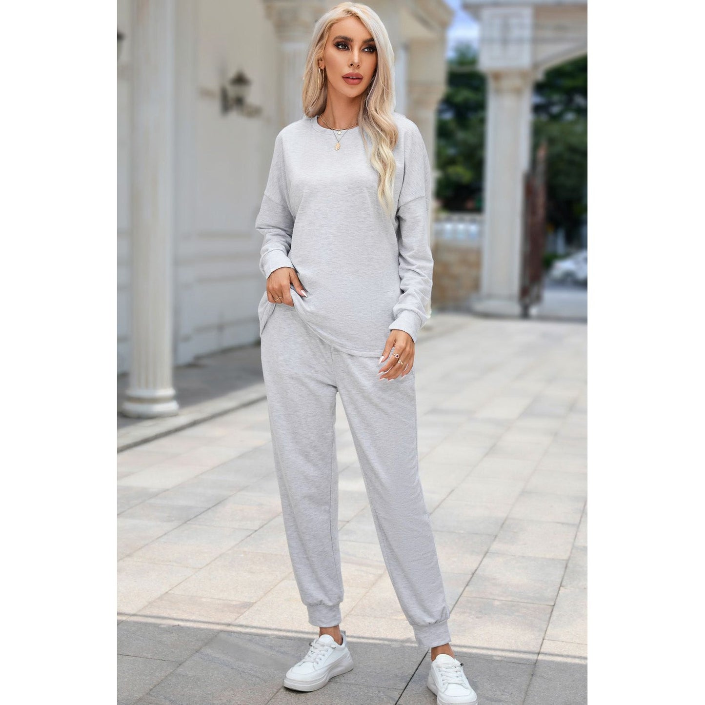 Round Neck Top and Drawstring Pants Lounge Set