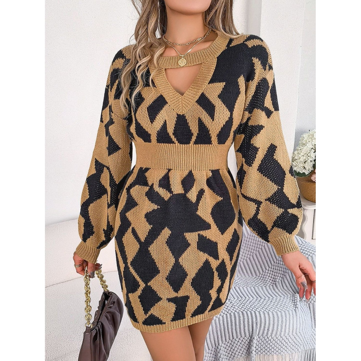 Contrast Round Neck Cutout Long Sleeve Mini Sweater Dress