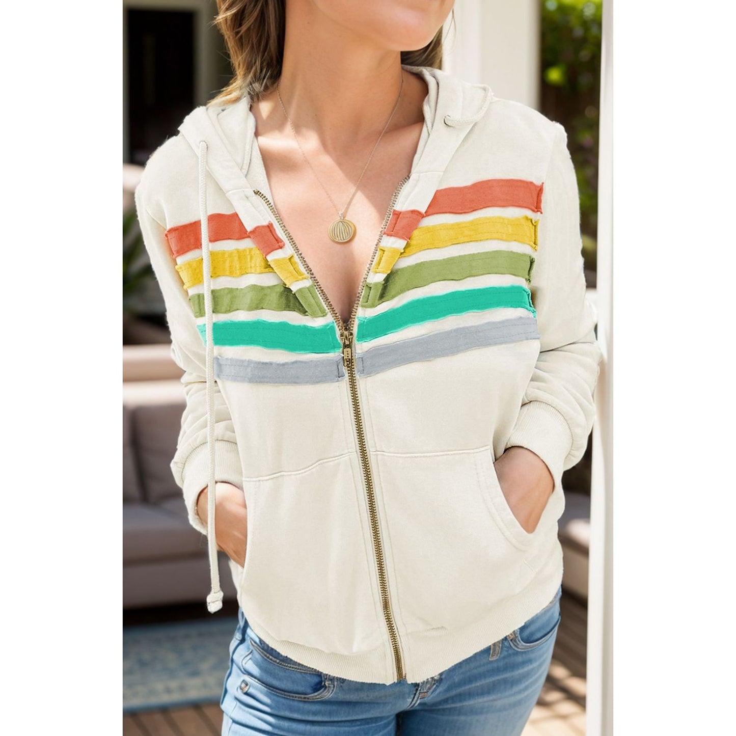 Drawstring Contrast Zip Up Long Sleeve Hoodie