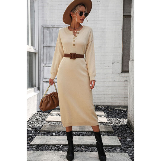 Decorative Button Notched Dropped Shoulder Sweater Dress