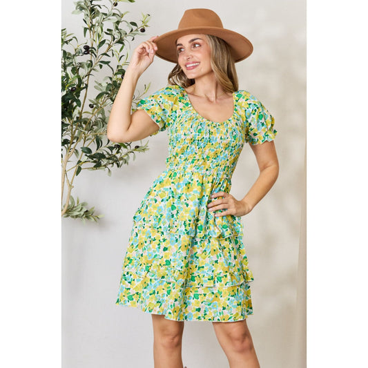 Smocked Scoop Neck Flounce Sleeve Mini Dress