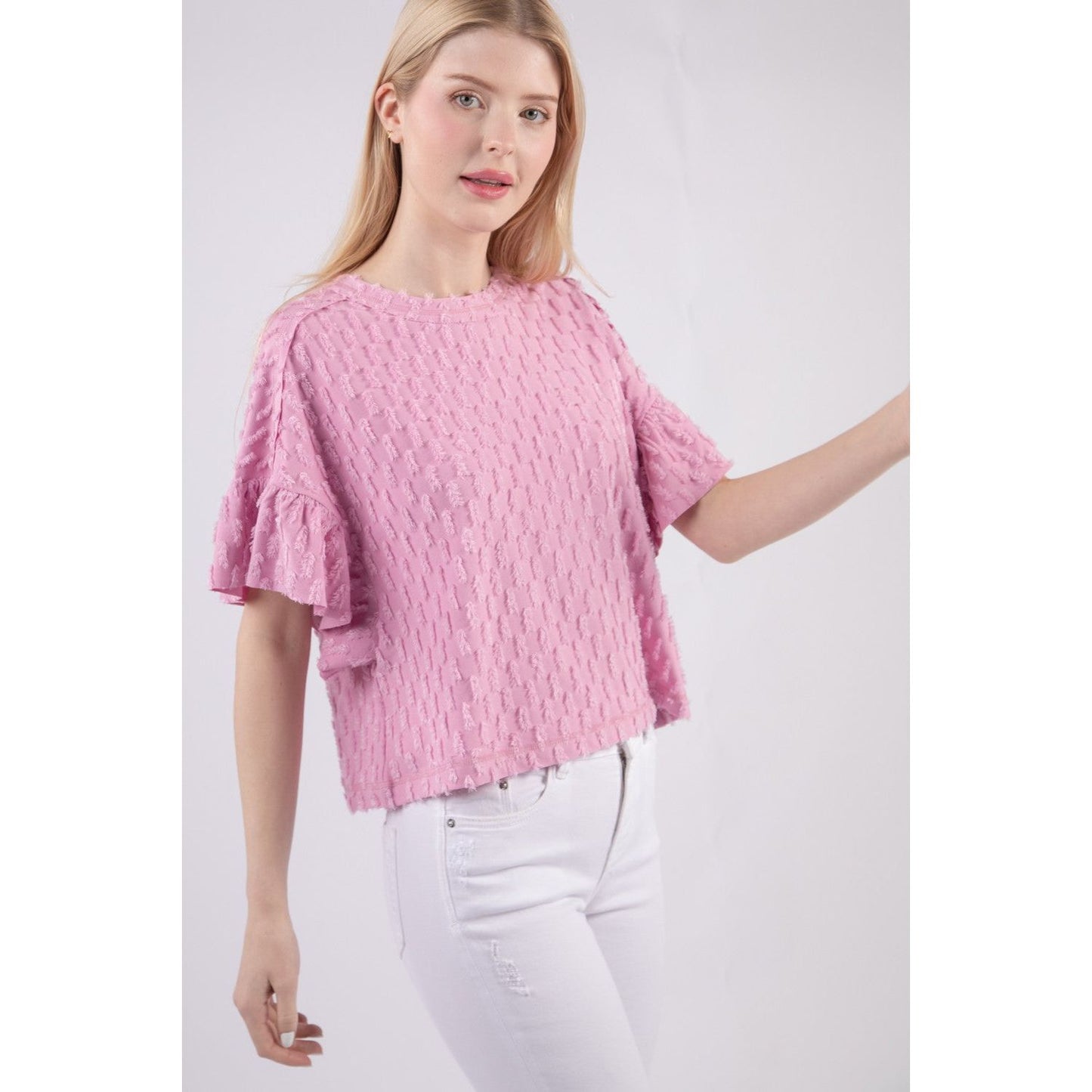 VERY J Full Size Texture Ruffle Short Sleeve Top