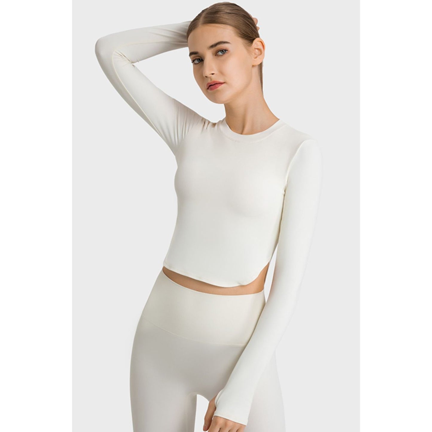 Side Slit Long Sleeve Round Neck Crop Top